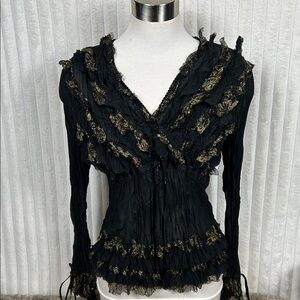 Y2K Kaelyn Max black sheer crinkle-pleat blouse with ruffle detailing sz M